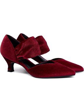 Women's Velvet Red Low Kitten Heels Shoes Pointed Toe Slip on Ankle Strap Pumps